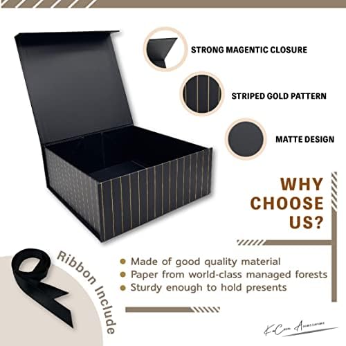 Магнитна подарък кутия KaCoon Accessories - 9,4 х 9,4 х 3,7, Сгъваема кутия и дълга лента, Елегантен и семпъл стил, Матово-черен, Подарък кутия с магнитна закопчалка