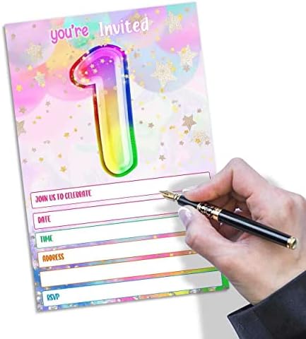 MUZRUYOU Забавни Покани Картички на парти в чест на 1-ви рожден Ден, с Преливащи се цветове Холограма покани в Пликове (20 опаковки