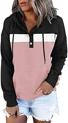 Sunaei Дамски Модни Hoody с качулка в цвят Блок, Ежедневни Свободно, Намаляване, Удобен Пуловер, Блузи, Копчета, Негабаритная Свободна Hoody С Качулка