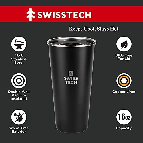 Кафеена чаша Swiss + Tech на 14 унции (черна) + Чаша от неръждаема стомана с 16 унции (черни и червени)