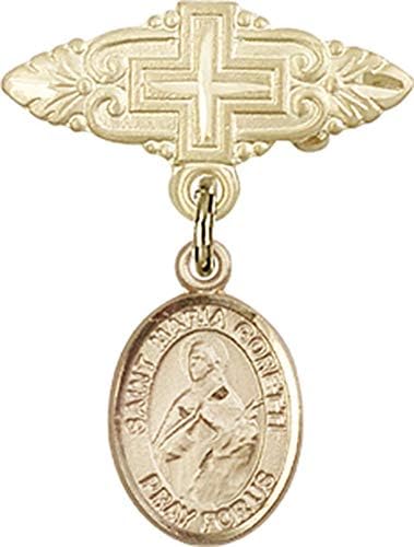 Детски икона Jewels Мания чар на Св. Мария Горетти и игла за бейджа с Кръст | Детски икона от 14-каратово злато с чар Св.