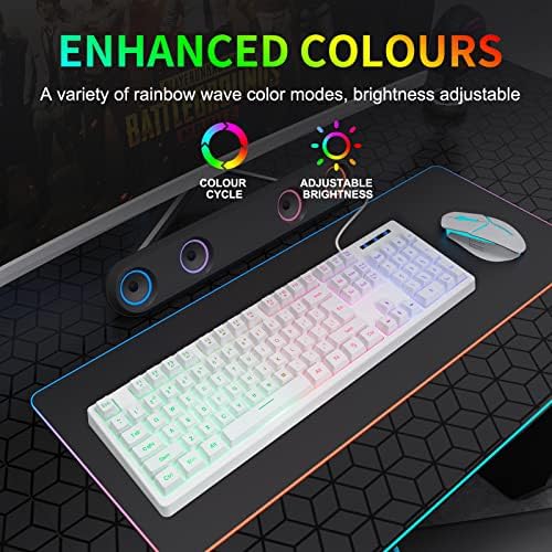 Детска клавиатура HUO ДЖИ White Проводна USB с rainbow led подсветка, Безшумни плаващи Клавишите, Механично усещане, Защита