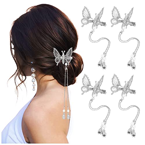 Фиби за коса с Придвижването Пискюл-Пеперуда DEEKA, 4 БР, 3D Метални Сребърни Щипки за коса с Движещи се Крила-Пеперуда, Сватбени