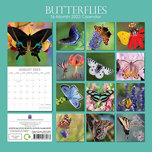 Квадратен стенен календар за 2023 година, Пеперуди, Тема на животните на 16 месеца с 180 стикери-Записки (12 х 12 см)