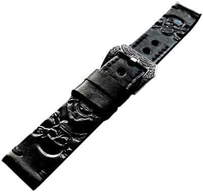 Каишка от естествена кожа с релефни NICKSTON Skull X Bones, съвместим с Fitbit Versa 3 и Sense Smartwatch, черна каишка-гривна (2. Гладка обтегач сребрист цвят за Versa 3)