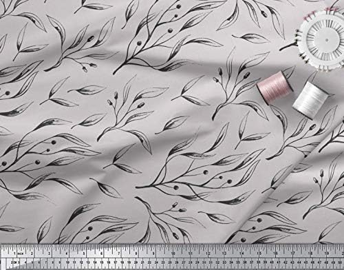 Памучен батистовая плат Soimoi сив цвят с принтом листа от боровинка ширина 58 см