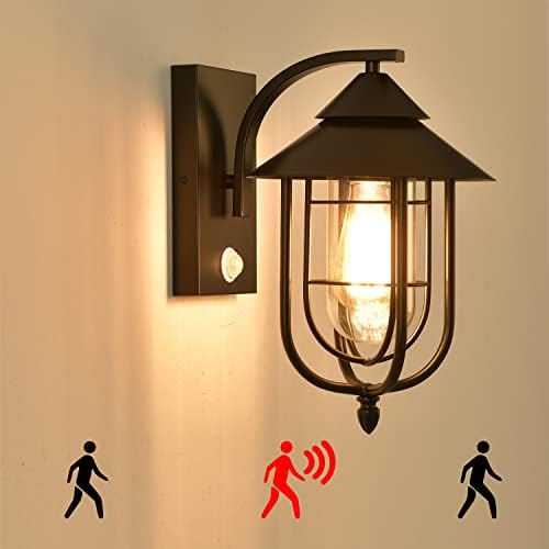Ретро Стенен лампа с датчик за движение, Черен Външен лампа с метални Фенери, Стъклена Лампа, IP54, лампа за двор, Декоративно