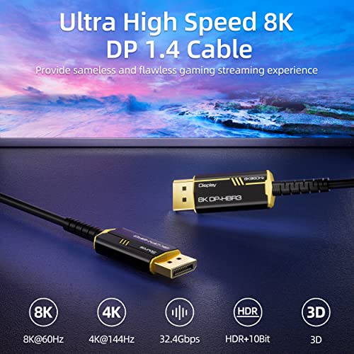 DGHUMEN 8K оптичен кабел Displayport 1.4 100 метра, Поддържа висока скорост на 8K при 60 Hz, 4K при 144 Hz 32,4 Gbit/s,