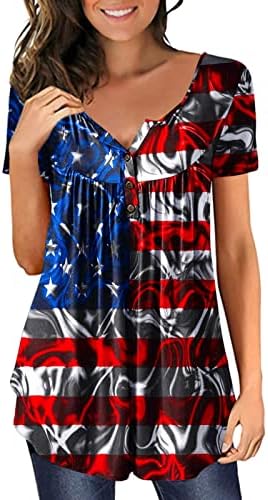 Дамски Тениски с дълъг ръкав, Дамски Модни Риза с Принтом на Деня на Независимостта, Блуза с V-образно деколте и Копчета, Къс Ръкав, Тениска