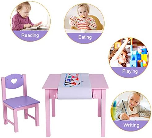 Детска маса за рисуване от орехово дърво и 2 стола, комплект със Стойка за ролки хартия и 2 чекмеджета за рисуване