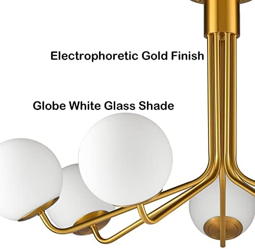 Тавана лампа SAMTEEN Modern Gold Полузаподлитого монтаж с Бял Стъклен Абажуром, 7-Клиенти Тавана лампа Mid Century Modern Globe,
