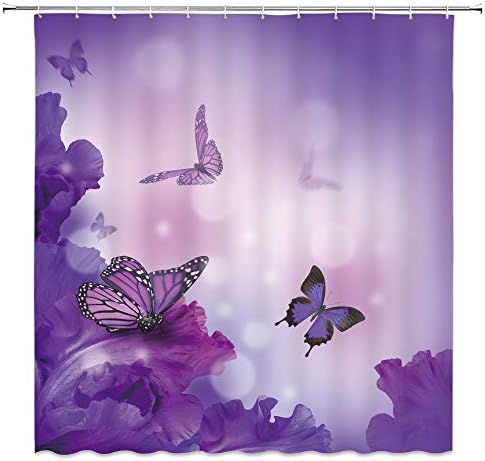Завеса за душ с пеперуди XZMAN, лилаво цвете, Крила на пеперуда, Фантазия, Мечта, Пролетта растението, Природа, Тъканно Завеса За баня,