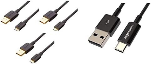 Кабел за зарядно устройство на Basics USB 2.0 A-Male-Micro B (3 комплекта), 3 метра, черен и кабел за зарядно устройство, USB Type-C-USB-A