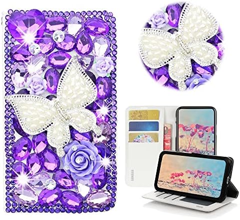 Калъф за телефон STENES Bling Wallet, съвместим с Google Pixel 4a 5G, 6,2-инчов калъф 2020 г. - Стилен - 3D-Пеперуда, ръчно изработени с лък и цветя, Кожен калъф-поставка за дамска магнитна о