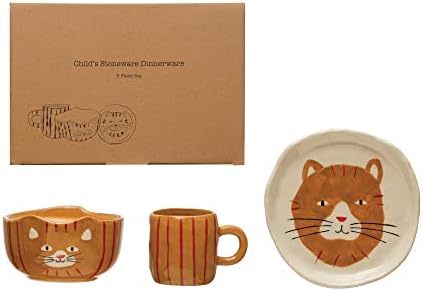 Детска Керамични съдове Creative Co-Op с Боядисани Котки, Комплект от 3 теми, Комплект чинии, Мулти