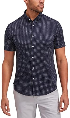 Мъжка риза с копчета Снабдяване + Основната Фол без вытачек - Всекидневни Къс ръкав, Аккуратная засаждане, тъмно синьо принт под