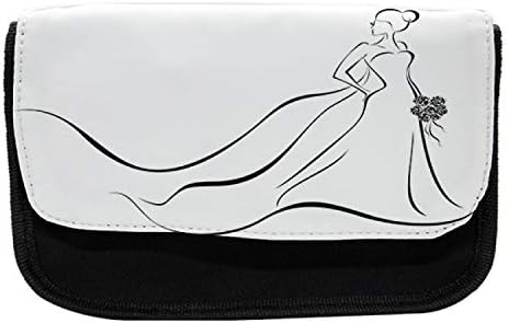 Сгъваем Сватбен молив случай за Моливи, Line Art Цвят Bride, Тъканно Чанта за Моливи с двоен цип, 8,5 x 5,5, Черно-бял
