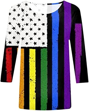 На 4 юли, Ризи за Жени с Флага на САЩ, Лятна Тениска с кръгло деколте и 3/4 ръкав и ръкав Три Четвърти, Дишащи и Удобни Блузи
