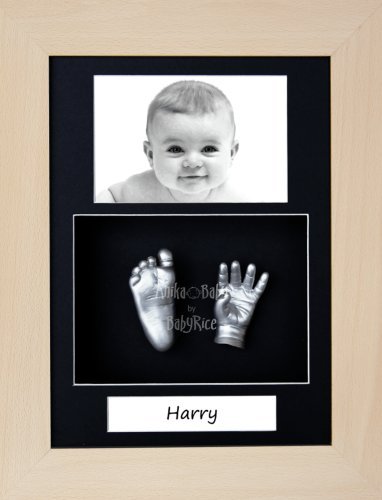 Комплект за детска леене BabyRice / Рамка от естествен бук с размер на 11,5x8,5 инча / Черно планина за портрет с 3 дупки / Черна основа / Сребриста боя