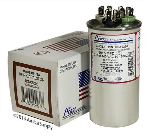 Подмяна на Гудман CAP050300440RSP - 30 + 5 uf/Mfd 370/440 ac AmRad през Цялата Двоен Универсален кондензатор, произведен в САЩ.