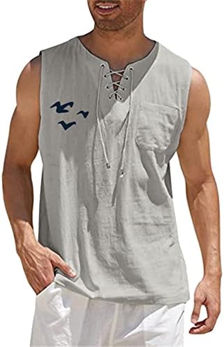 XXBR мъже памук бельо, блузи без ръкави, ризи дантела V-образно деколте графичен принт, без приятелка плаж хипи жилетка