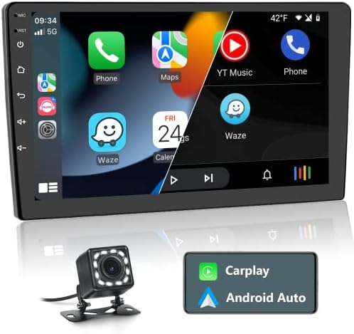 Автомобилна стерео система Android с двоен Din, Безжична Apple Carplay, Rimoody, Авто радио с докосване на екрана 10 инча, Bluetooth, GPS