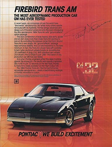 С АВТОГРАФ Пол Ньюмана 1984 FIREBIRD TRANS AM (Pontiac We Build Excitement) Реколта страницата на легендарния състезател и актьор
