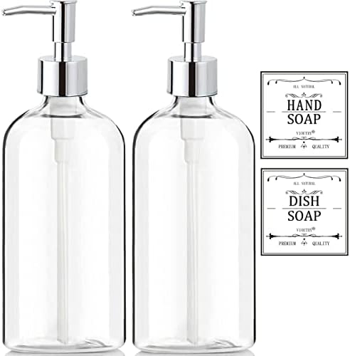 Диспенсер за прозрачно сапун с помпа, защитени от ръжда, Водоустойчиви етикети (2 опаковки, 16 Унции), За Баня, Пластмасов