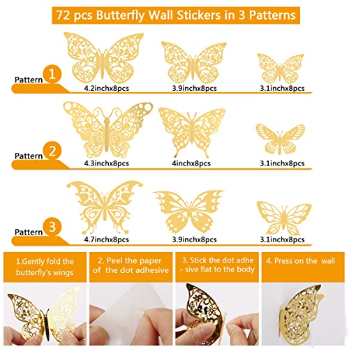 Trubetter 72шт 3D Златна Пеперуда Стенен Декор - Сменяеми Етикети Стенен Декор на Стая на Открито за Украса на Тортата Метален Стикер