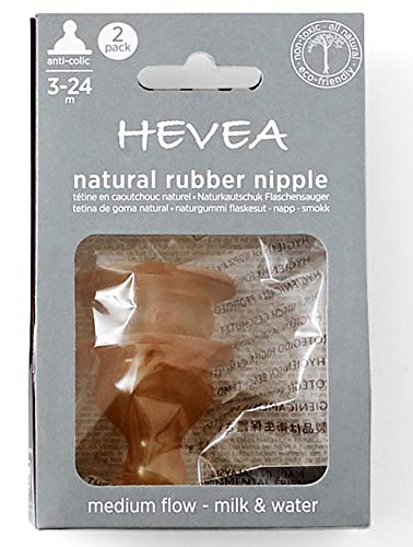 Зърната за бебешки бутилки HEVEA стандартно гърло - Зърната за стъклени бутилки от Средното текучество В две опаковки - естествен каучук 3-24 месеца