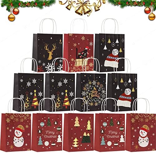 JANERIW Пакети за Коледни подаръци, 12 бр. Подарък Крафт торби с Дръжки, Класически Коледни Щампи, Коледни Подаръчни Пакети за Празнични
