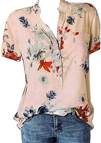 Реколта Ризи за Жени, Ризи Хенли с V-образно деколте и Копчета, Цветни Блузи с Къс Ръкав, Летни Големи Размери, Свободна Ежедневна Блуза