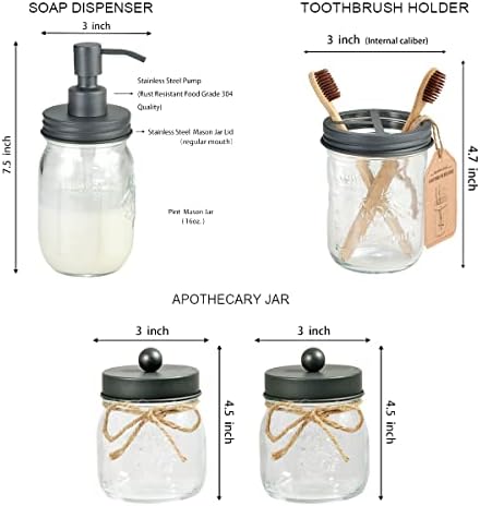 Комплект аксесоари за баня от 4 кутии Mason Jar -1 Диспенсер за сапун Mason Jar, 2 притежателя на Qtip и четка за зъби, и 6, аптеки