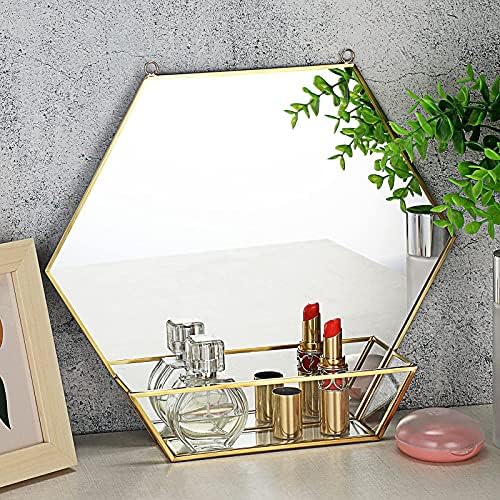 Стенно огледало в Шестоъгълник метална рамка JUXYES с Рафтове за съхранение на бижута - Златна Стенно Подвесное огледало с Веригата