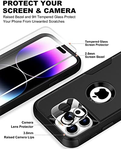 Чанта-кобур RonShieh за iPhone 14 Pro с клипс за колан: [2 бр. Защитно фолио за екран + защита на обектива на камерата]