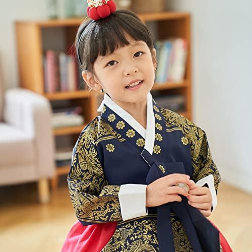 Корейското Традиционната Рокля Ханбок За Малки Момичета 100 Байкил от 1 до 8 години, тъмно златна Червена Пола С Принтом Принцеса, Дизайн