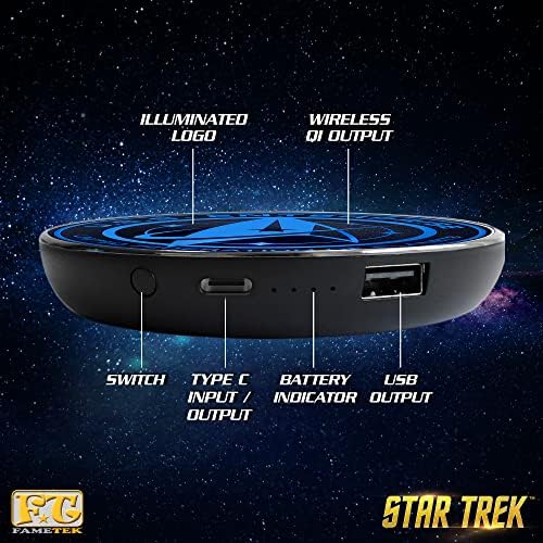 Безжично зарядно устройство Star Trek Qi с вграден резервен акумулатор за жична и безжична зареждане. Преносимо безжично зарядно устройство за мобилен телефон с подсве