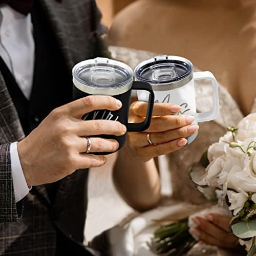 Комплект My Personal Memories от 2 чаши кафе на Mr и Mrs с изолация от неръждаема стомана и капак (Черен Mr, Бяла Mrs)