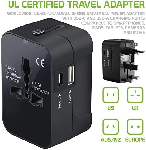Международен захранващ адаптер USB Travel Plus, който е съвместим с LG Risio за захранване на 3 устройства по целия свят USB TypeC, USB-A
