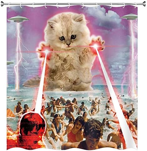 MERCHR Забавен Чужденец Коте котка Завеса За Душ, НЛО на плажа хваща Човек Завеси За Душ, Водоустойчив Полиестерен Плат Декор