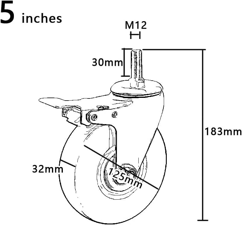 Ролки за чинии Резба M12 Мебелни колела 75 мм/4 см /5 'Офис бюро със спирачка Индустриални ролки Тежки Колела Безшумен механизъм