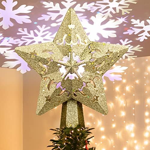 Проектор за Коледната елха с Проект цветни Снежинки, Matekxy Gold Star Коледно Дърво, Декоративна Въртящата Блестяща 3D Led Светлини за