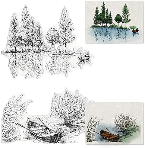 Езеро, Река Пейзаж, Дървета, Лодка, Прозрачни Печати за Направата на Картички и Scrapbooking, Надписване на Картички, Прозрачно фолио,