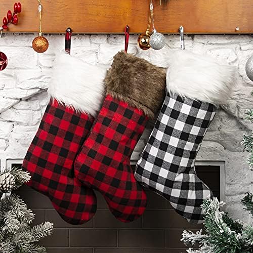 Коледни Чорапи, 3 Опаковки 18-инчови Коледни Чорапи Голям размер, Класически Чорапи в Червено и черна клетка цвят Бъфало за декор