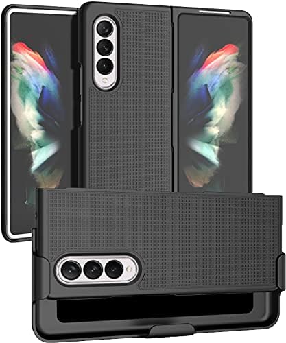 Калъф с клипс за Galaxy Z Fold 3 5G, Тънка Твърда корица с вкара текстура Nakedcellphone и Комбинирана стойка за набедренной кобур по поръчка за Samsung Z Fold3 Phone (SM-F926) 2021 - Черно Протект