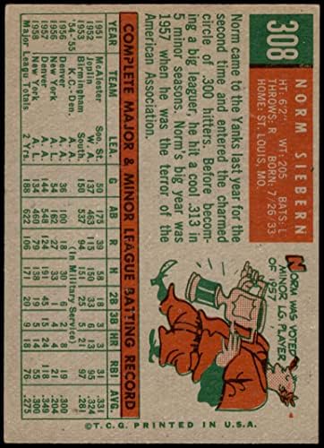 1959 Topps 308 Норми Сиберн Ню Йорк Янкис (бейзболна картичка) ДОБРИ Янкис