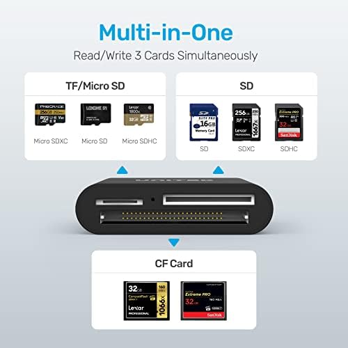 Четец на USB-карти Unitek, 3-Слотное устройство за четене компактен флаш-карти с USB 3.0, за едновременно четене на 3 карти, Алуминиев Адаптер за карти с памет CF, TF, SDXC, SDHC, SD, Micr