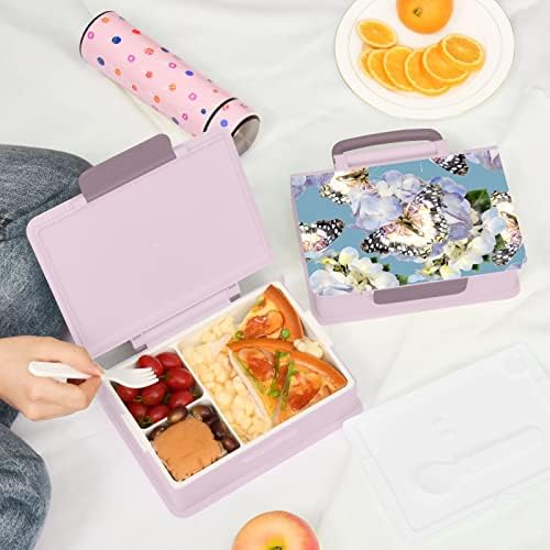 Кутия за Bento обяди с цветя Хортензия и пеперудата АЛАЗА, Херметични Контейнери за обяд, които не съдържат BPA, с вилица и лъжица,