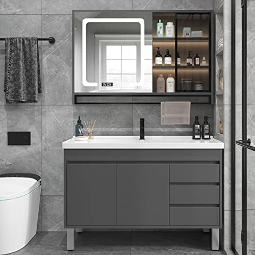 Мивка за баня YZJJ с тумбой и огледало, Модерен Дървен шкаф за баня, Керамични свободно стояща Мивка за пране на дрехи (Цвят: черен размер: