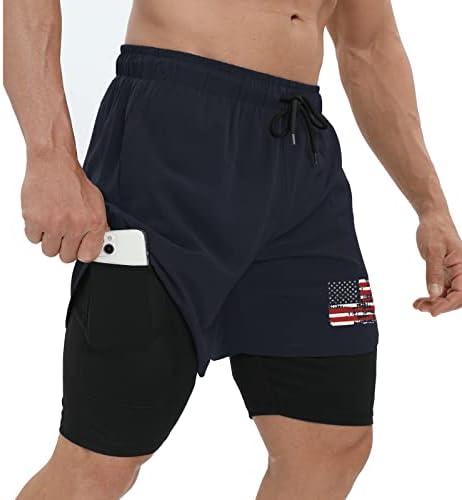 Мъжки шорти за бягане H HYFOL с Флага на сащ, Патриотични Шорти За тренировки във фитнеса, бързо съхнещи Спортни къси Панталони 2-в-1 с джоб